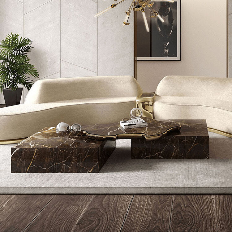 Luxury Dark Emperador Marble Coffee Table With Organic Gold Brass Bridge Natural Stone Block Center Table for Villa Hotel Lobby