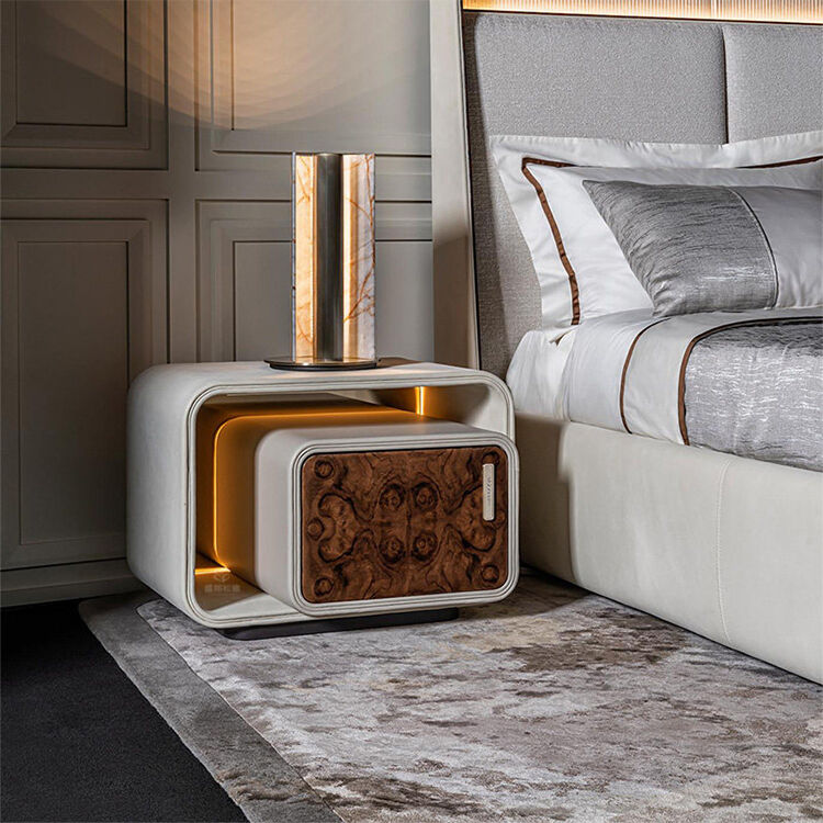 Nordic Modern Bedroom Solid Wood Burl Veneer Microfiber Leather Nightstand Bedside Table for Hotel Home