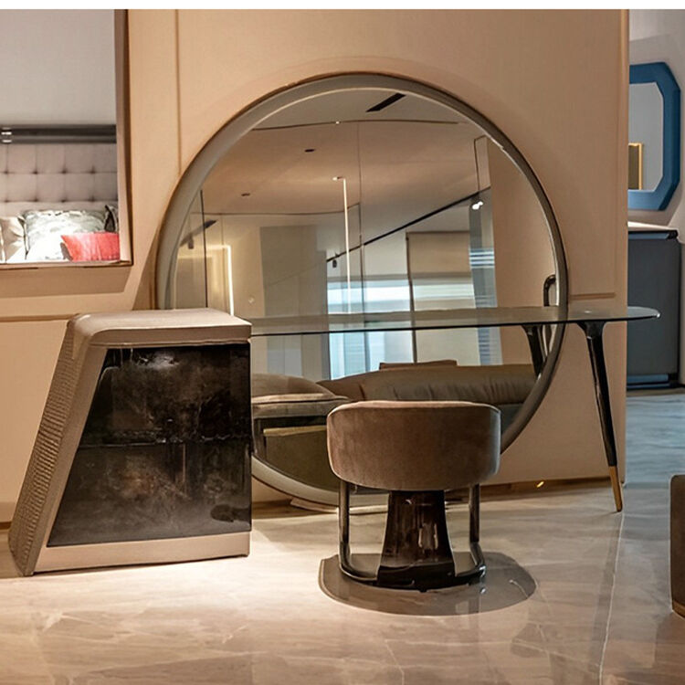 MOYI High End Modern Unique Design Luxury Villa Big Bedroom Leather Glass Dressing Table With Large Round LED Mirror