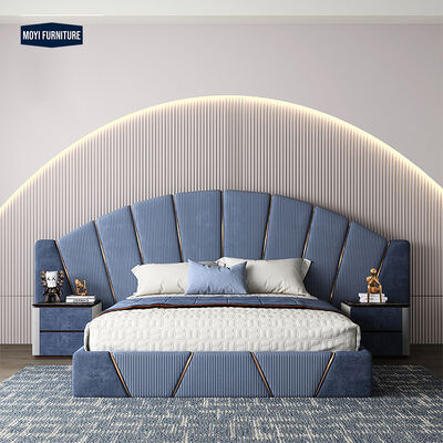 quality Velvet Upholstered Italian Light Luxury King Size Bed Double Bed Set Modern Blue Leather Bedroom Furniture Elegant Style factory