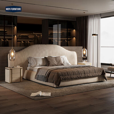 Good price Mail Packing Modern Luxury King Size Bed Wide Headboard Gold Stainless Steel Fabric Bedroom Bed Set Designs Furniture online